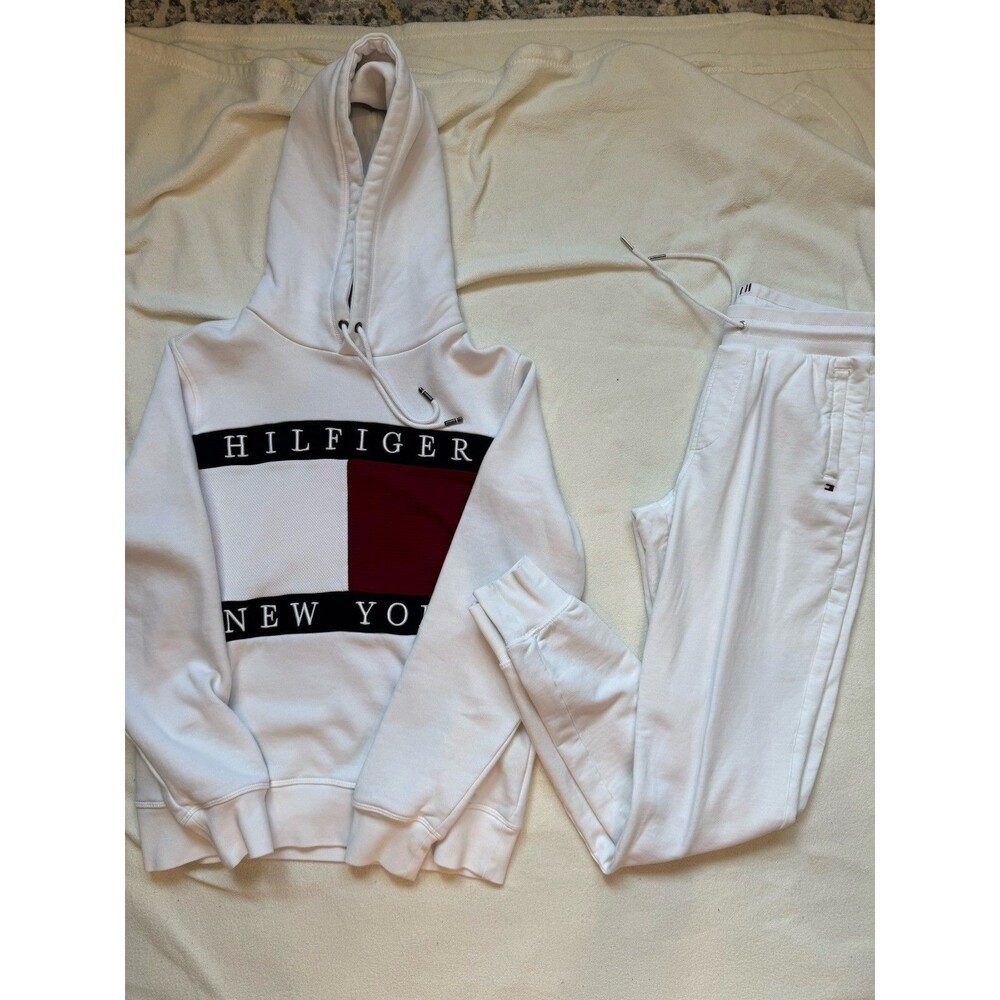 Tommy Hilfiger Mens Sweatsuit White Colorblock Logo Hoodie Pants RARE XS